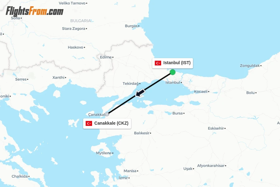 Flights from Istanbul to Canakkale route map