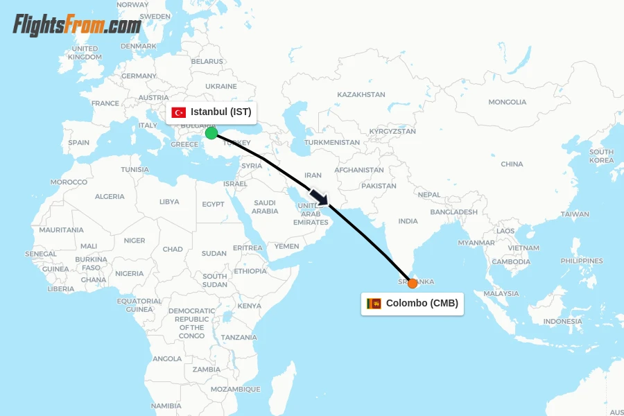 Flights from Istanbul to Colombo route map