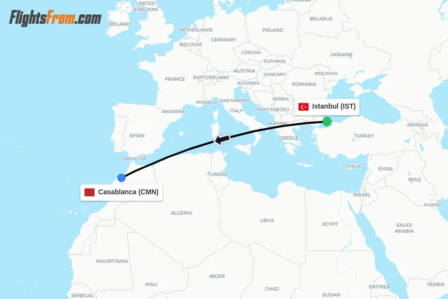 Flights from Istanbul to Casablanca route map