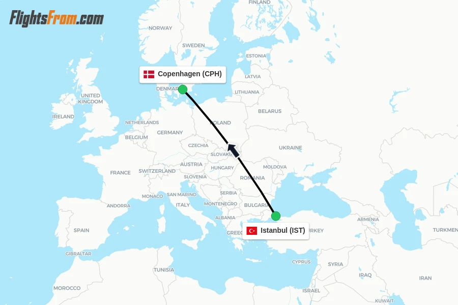 Flights from Istanbul to Copenhagen route map