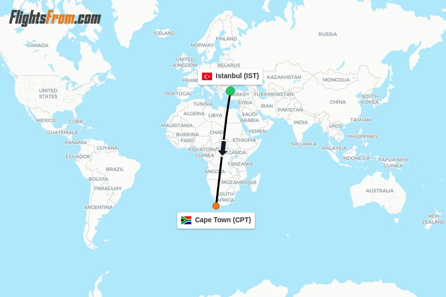 Flights from Istanbul to Cape Town route map