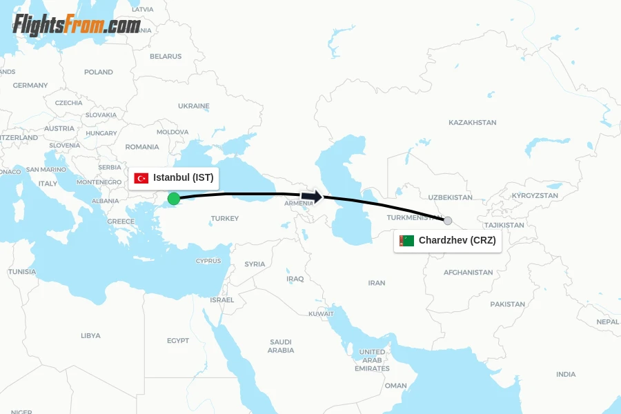 Flights from Istanbul to Chardzhev route map