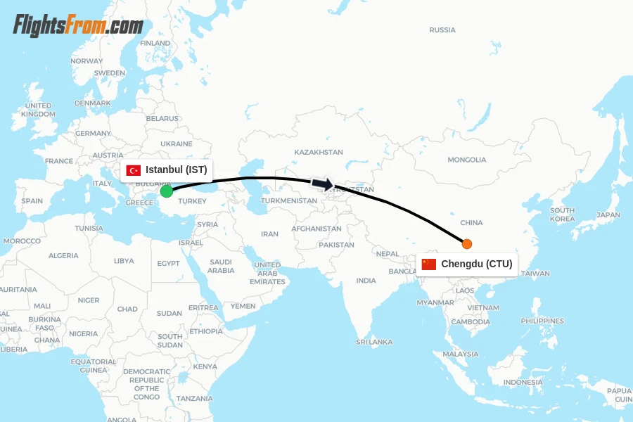 Flights from Istanbul to Chengdu route map