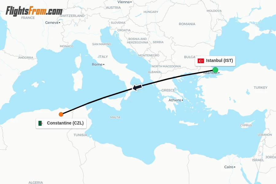 Flights from Istanbul to Constantine route map