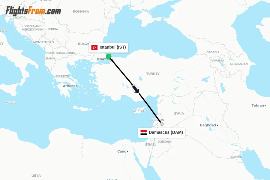 Flights from Istanbul to Damascus route map