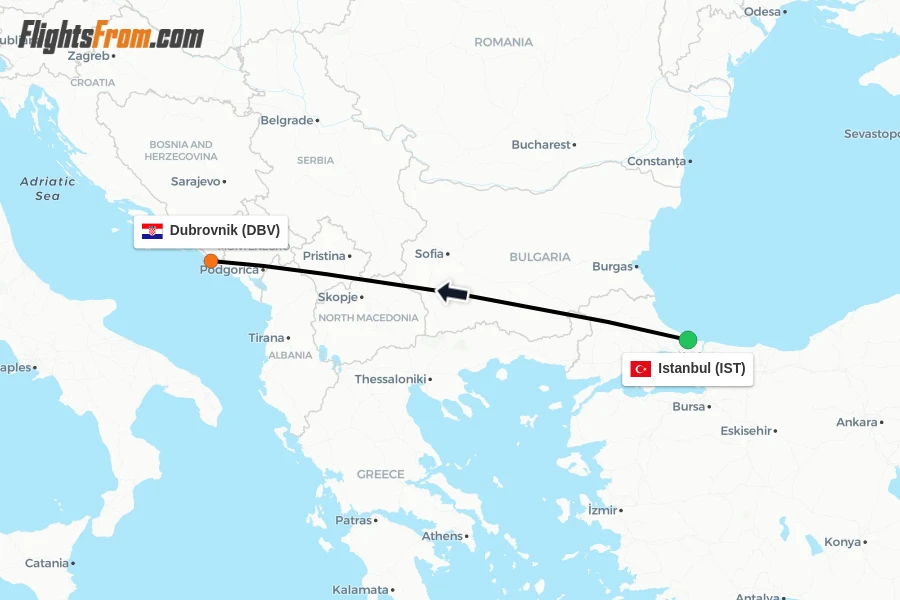 Flights from Istanbul to Dubrovnik route map