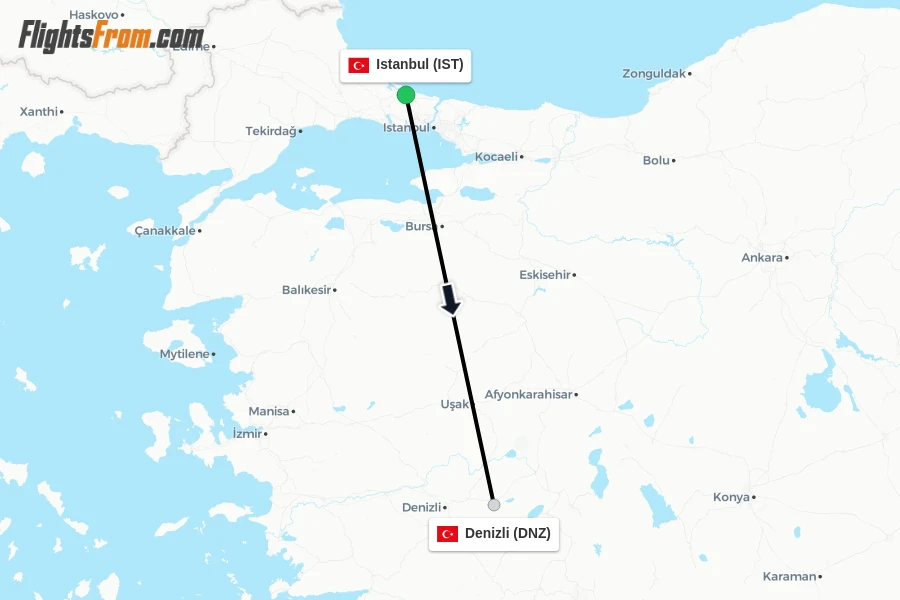 Flights from Istanbul to Denizli route map