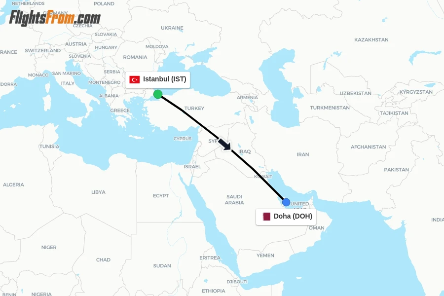 Flights from Istanbul to Doha route map