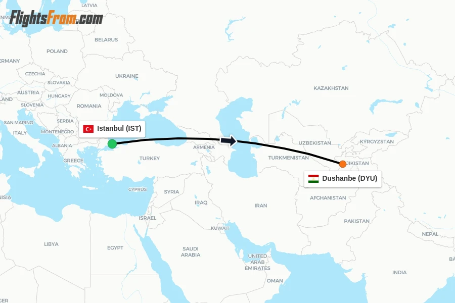 Flights from Istanbul to Dushanbe route map