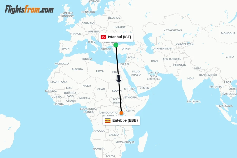 Flights from Istanbul to Entebbe route map