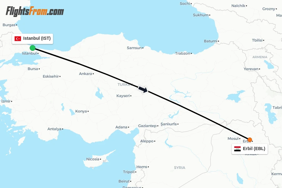 Flights from Istanbul to Erbil route map