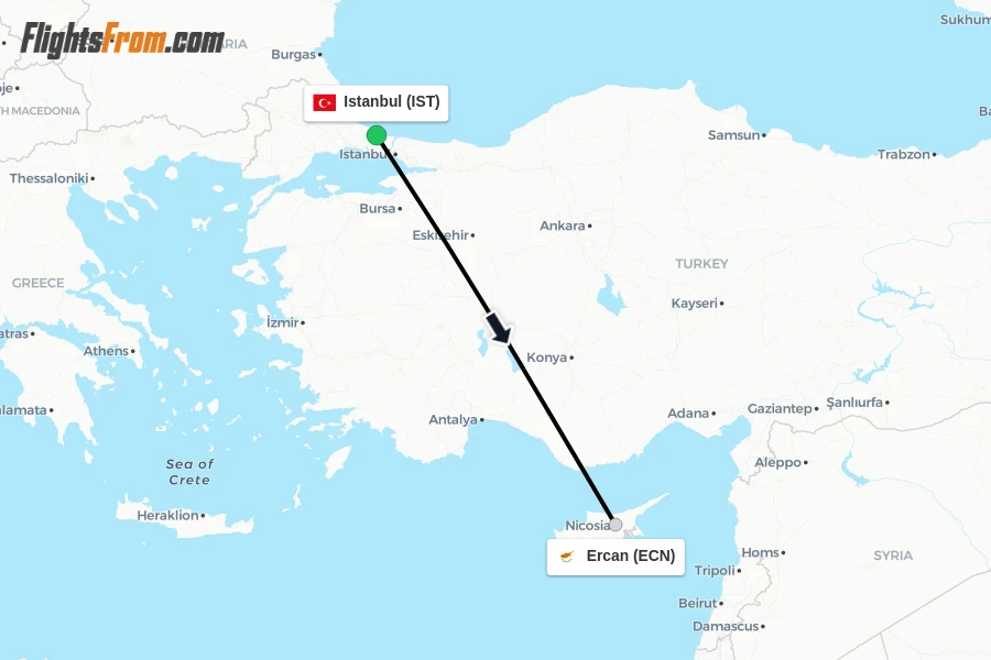 Flights from Istanbul to Ercan route map