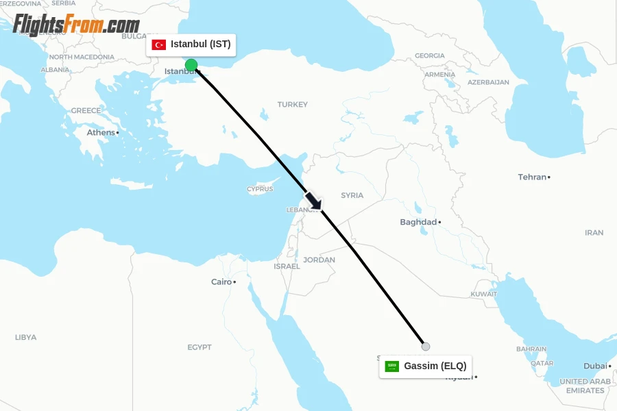 Flights from Istanbul to Gassim route map