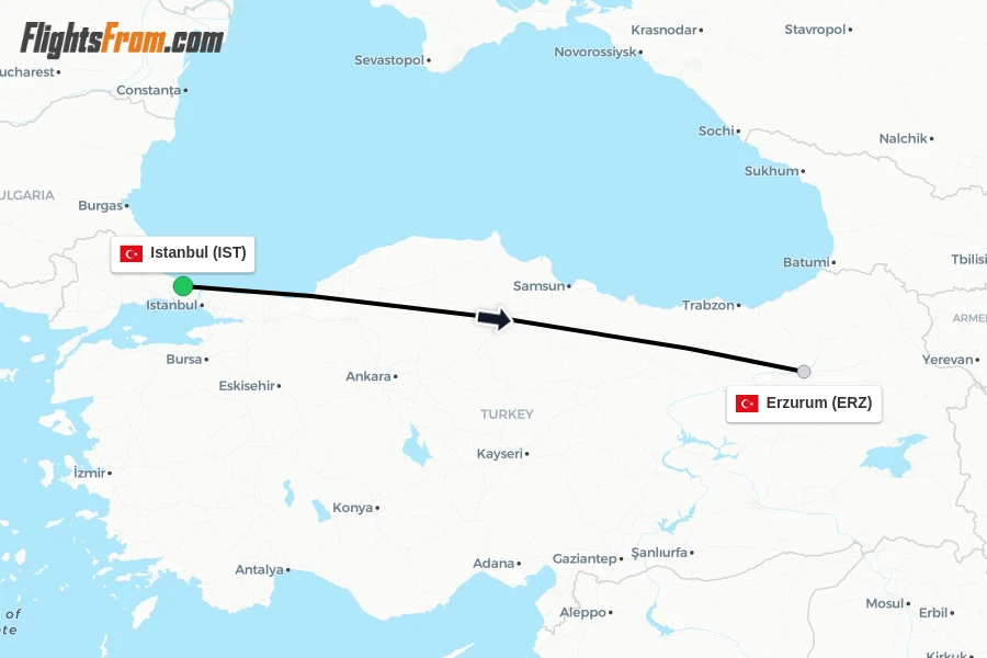 Flights from Istanbul to Erzurum route map
