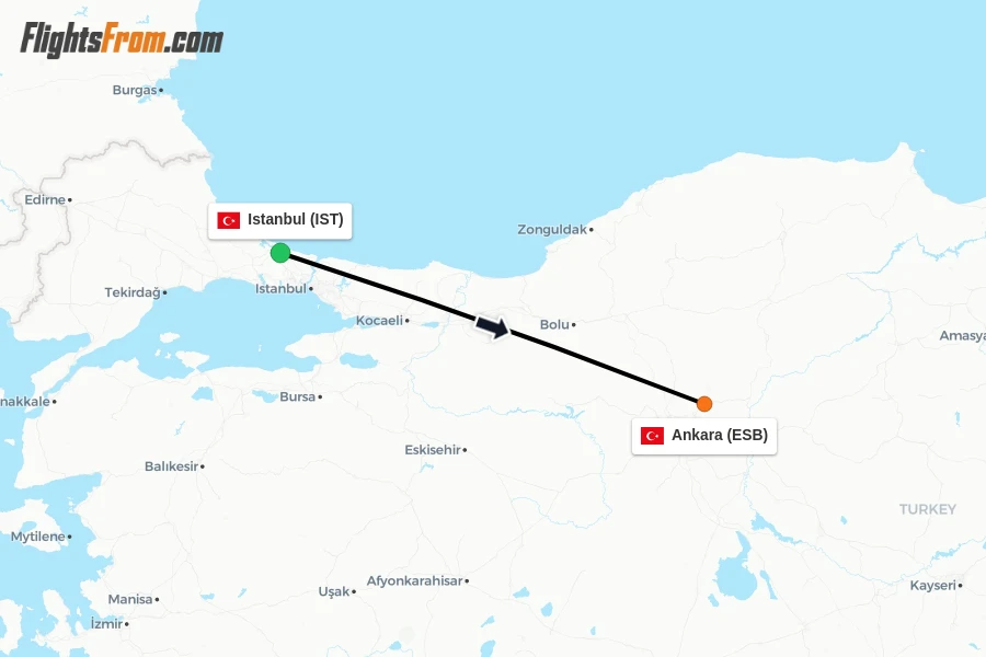 Flights from Istanbul to Ankara route map