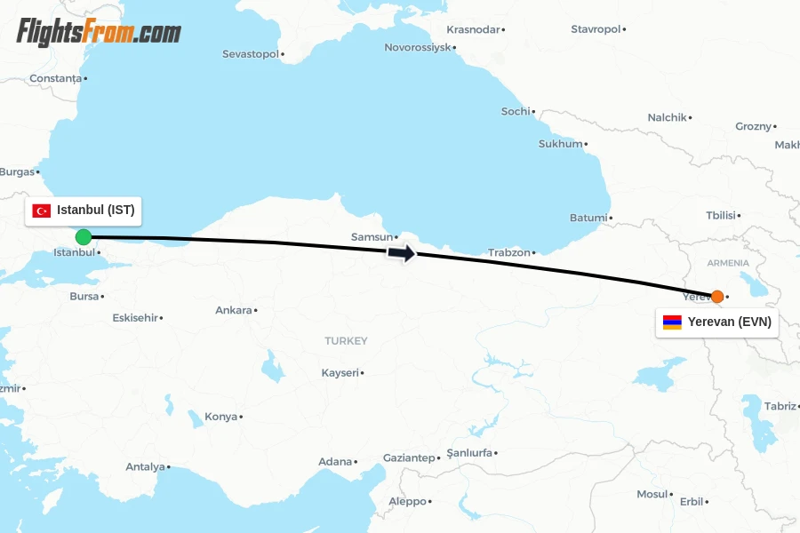 Flights from Istanbul to Yerevan route map