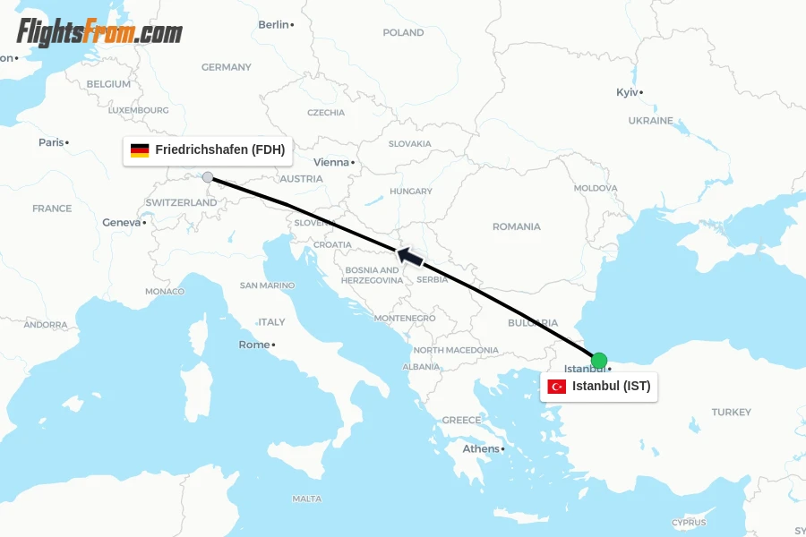 Flights from Istanbul to Friedrichshafen route map