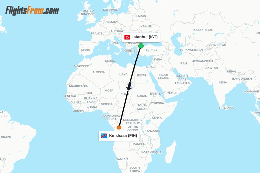 Flights from Istanbul to Kinshasa route map
