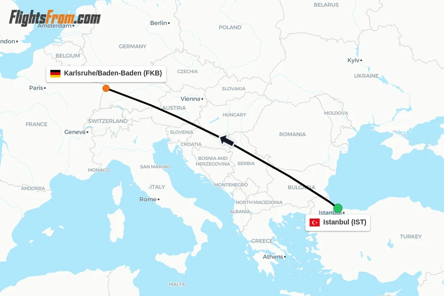 Flights from Istanbul to Karlsruhe/Baden-Baden route map