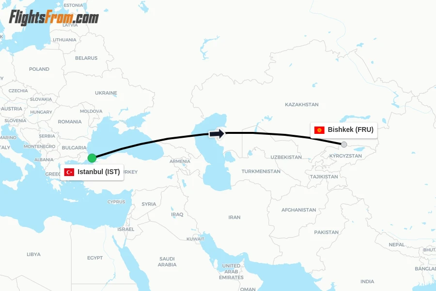 Flights from Istanbul to Bishkek route map