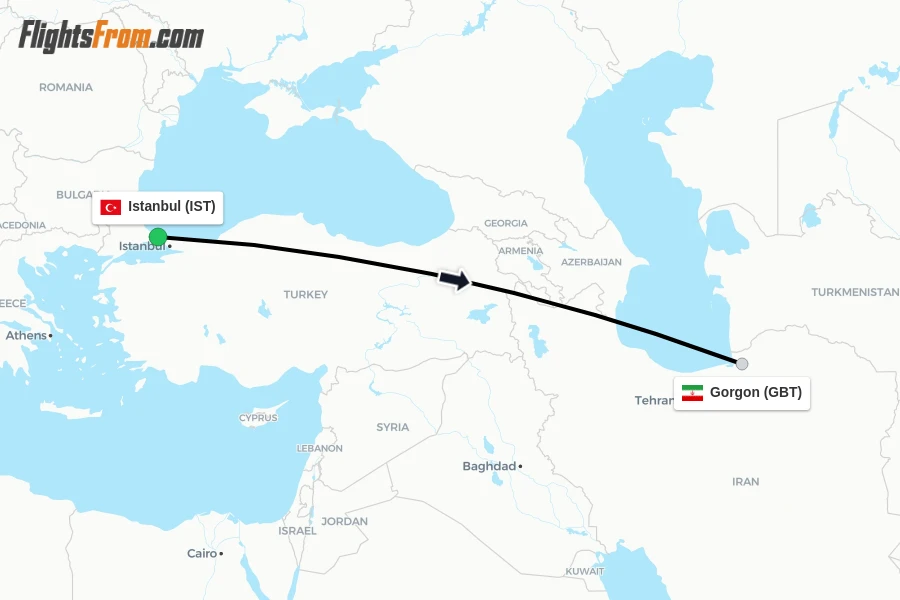 Flights from Istanbul to Gorgon route map