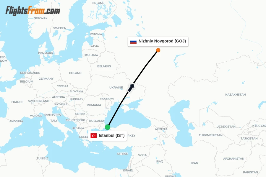 Flights from Istanbul to Nizhniy Novgorod route map