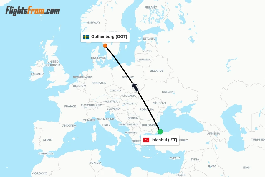 Flights from Istanbul to Gothenburg route map