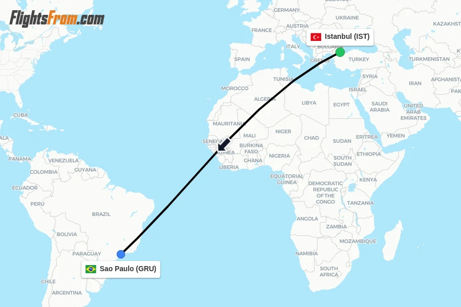 Flights from Istanbul to Sao Paulo route map