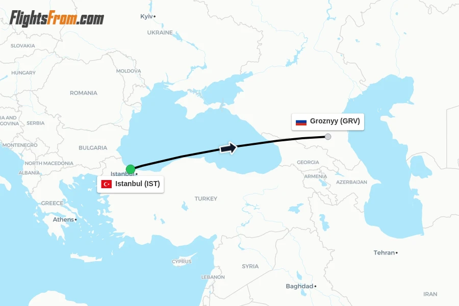 Flights from Istanbul to Groznyy route map