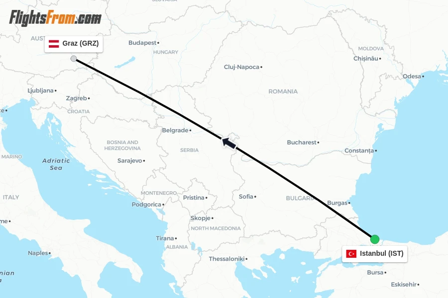 Flights from Istanbul to Graz route map
