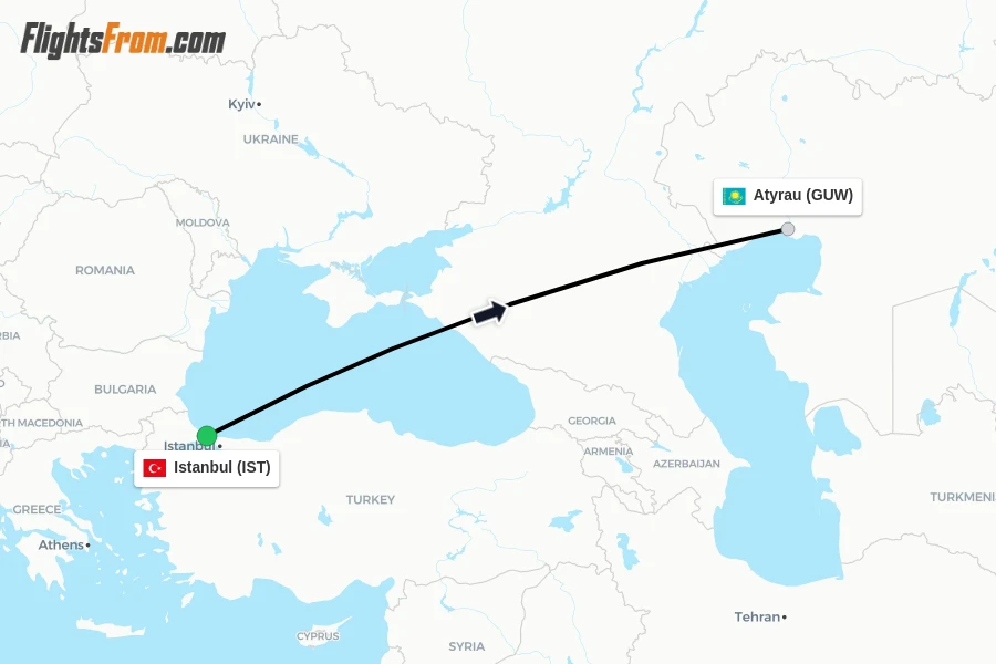 Flights from Istanbul to Atyrau route map
