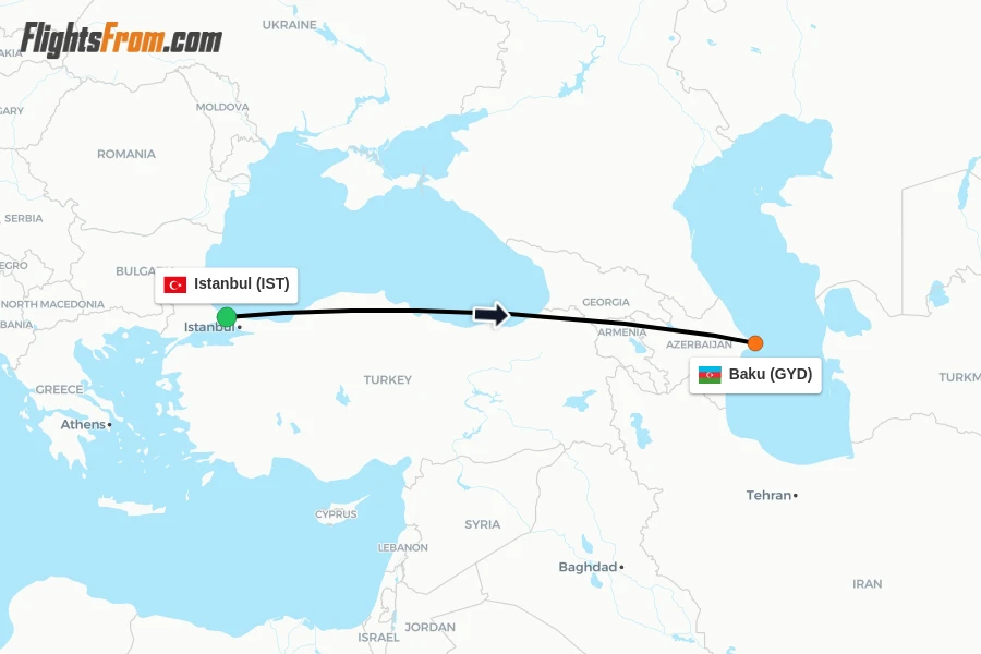 Flights from Istanbul to Baku route map