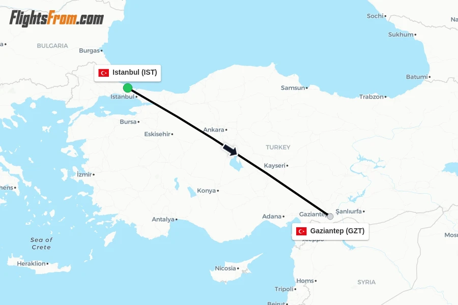 Flights from Istanbul to Gaziantep route map