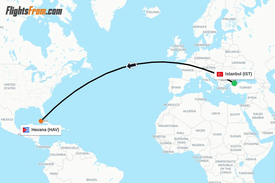 Flights from Istanbul to Havana route map