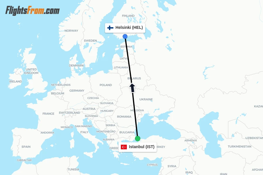 Flights from Istanbul to Helsinki route map