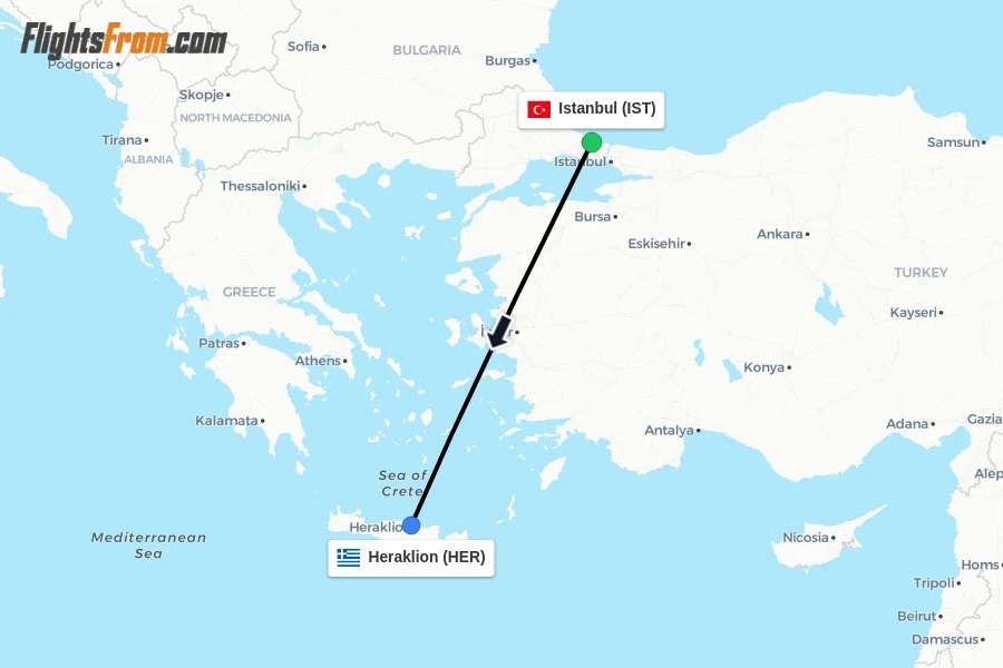 Flights from Istanbul to Heraklion route map