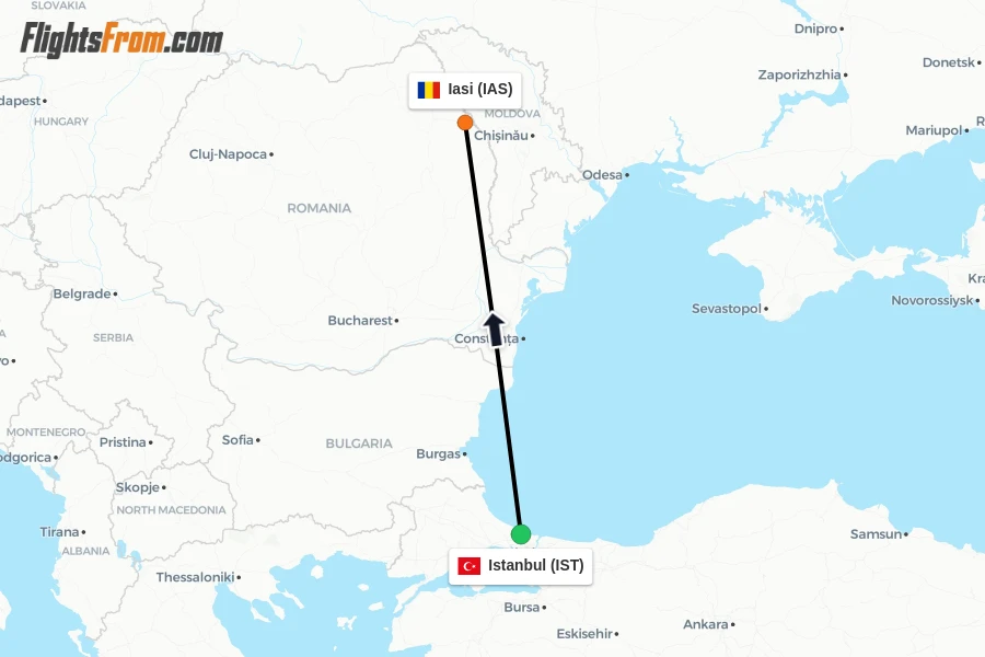 Flights from Istanbul to Iasi route map