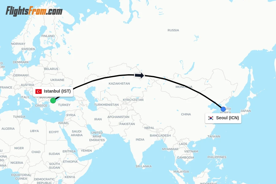 Flights from Istanbul to Seoul route map
