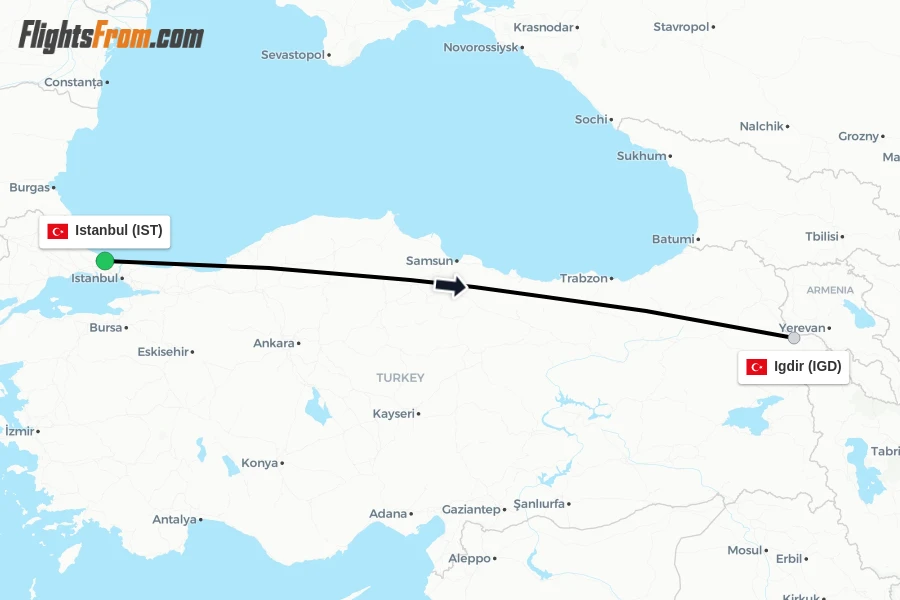 Flights from Istanbul to Igdir route map