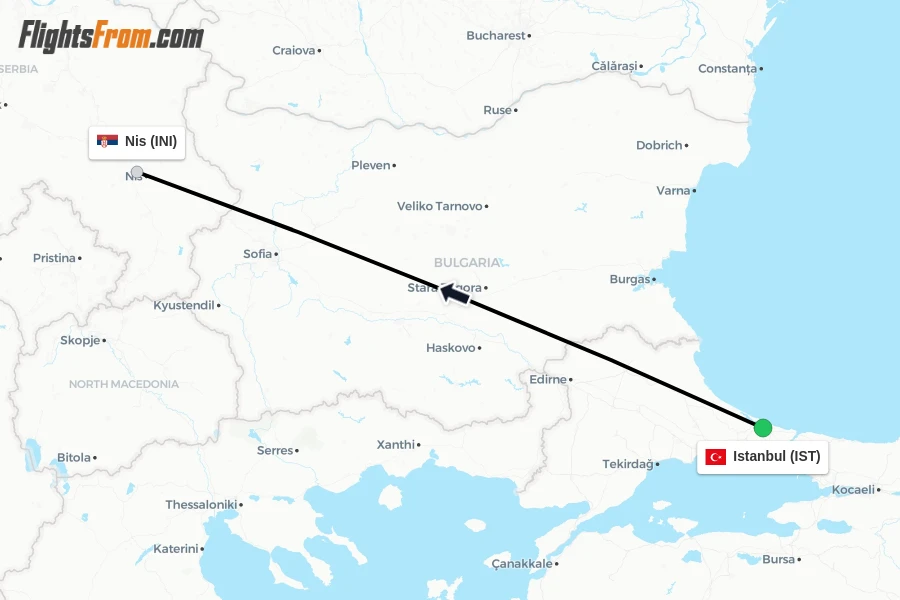Flights from Istanbul to Nis route map