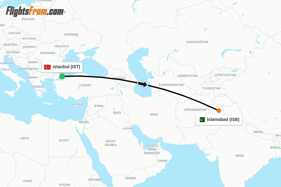 Flights from Istanbul to Islamabad route map