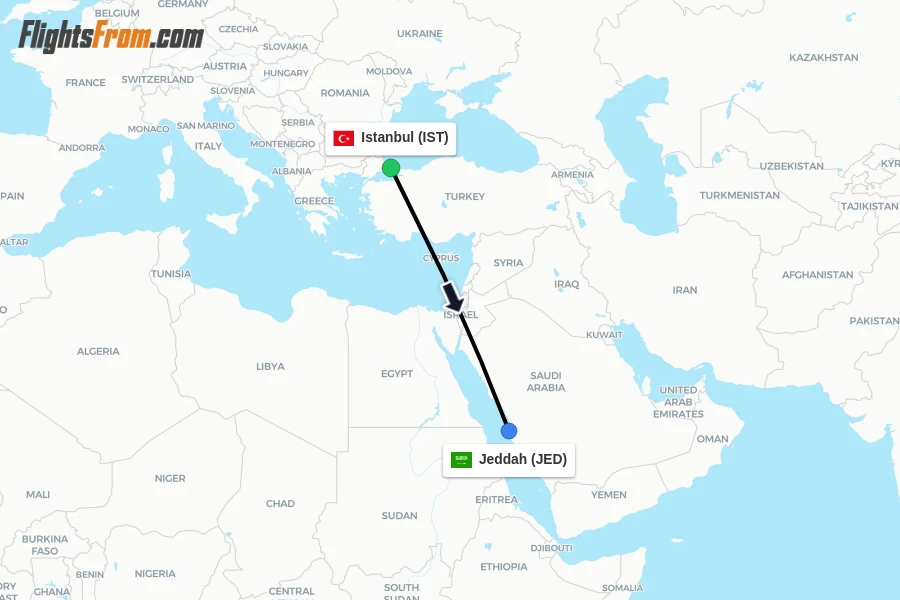 Flights from Istanbul to Jeddah route map