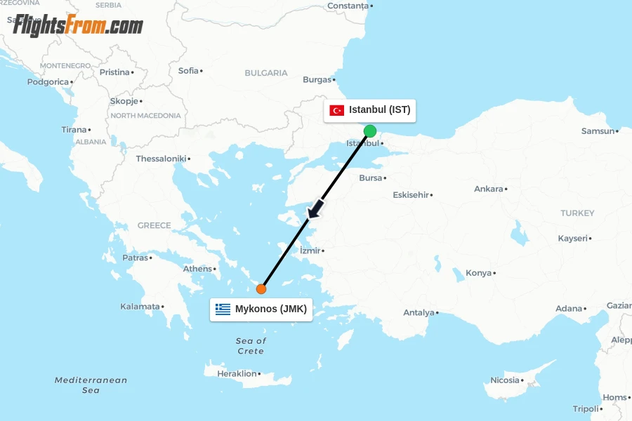 Flights from Istanbul to Mykonos route map