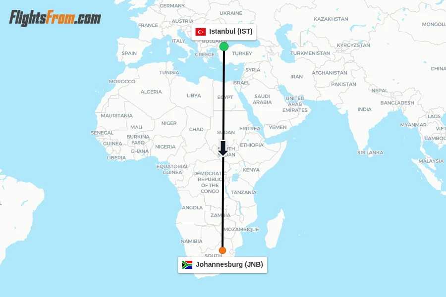 Flights from Istanbul to Johannesburg route map