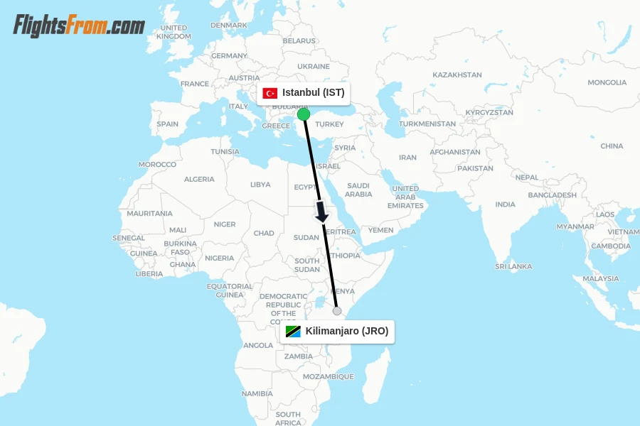 Flights from Istanbul to Kilimanjaro route map