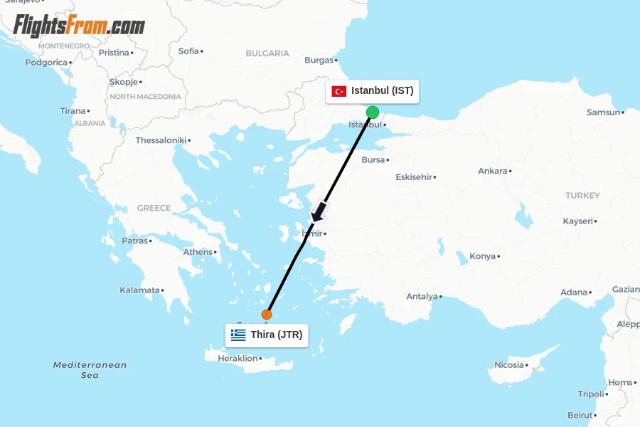Flights from Istanbul to Thira route map