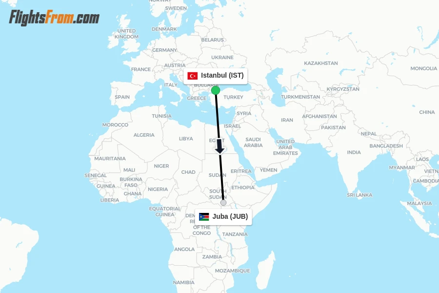 Flights from Istanbul to Juba route map