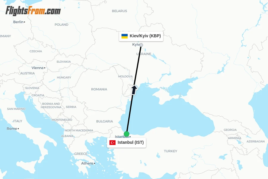 Flights from Istanbul to Kiev/Kyiv route map