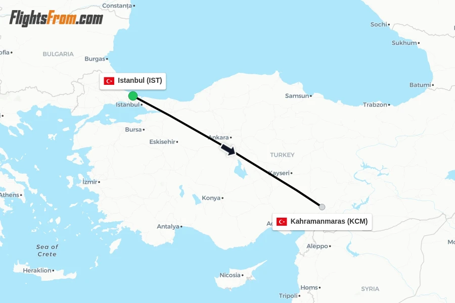 Flights from Istanbul to Kahramanmaras route map