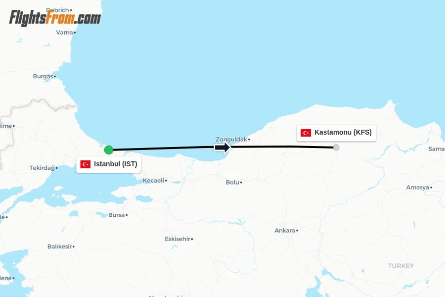 Flights from Istanbul to Kastamonu route map